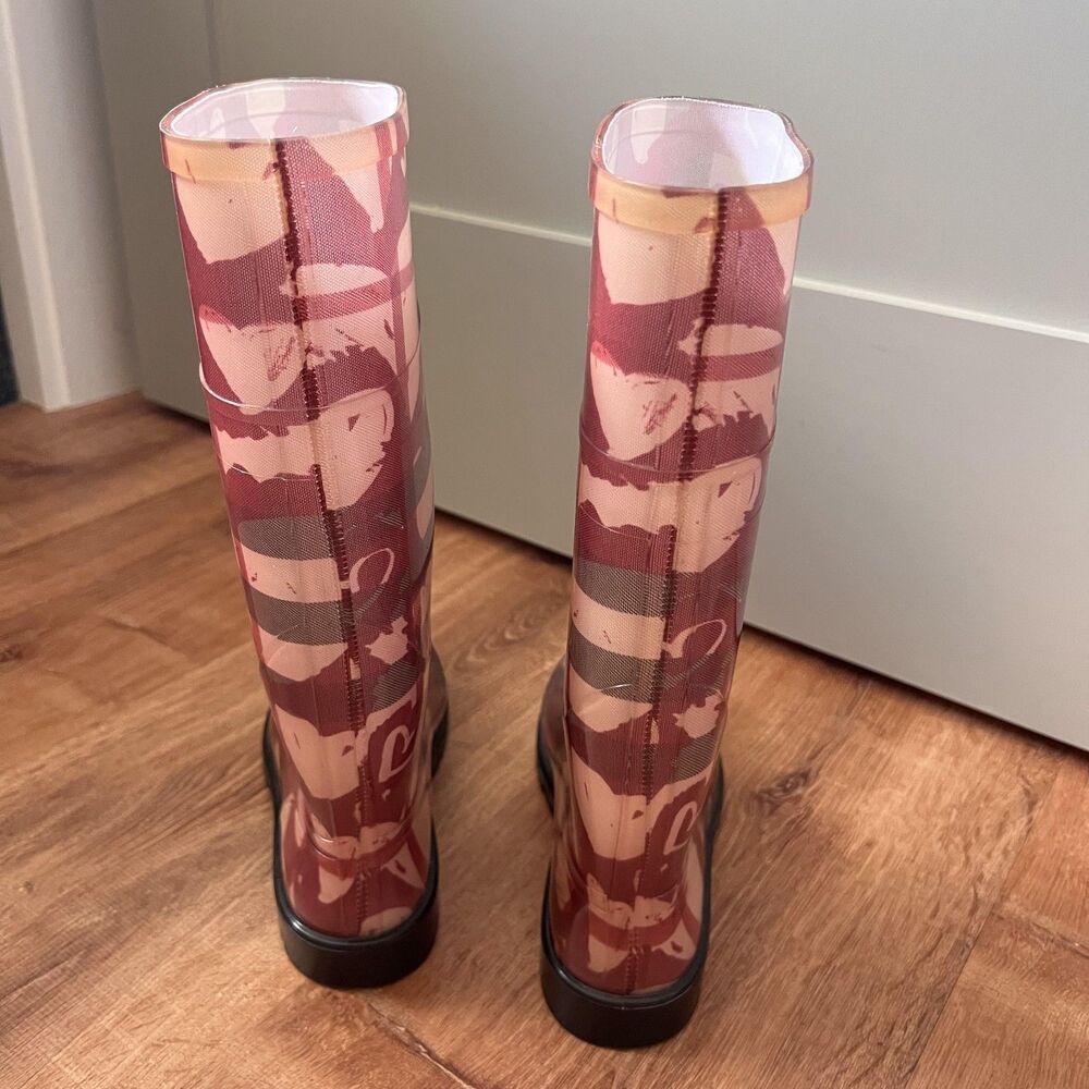 Burberry Rain Boots Women Sz 37 Hearts Pink Italy Waterproof Knee High Shoes - Picture 3 of 16
